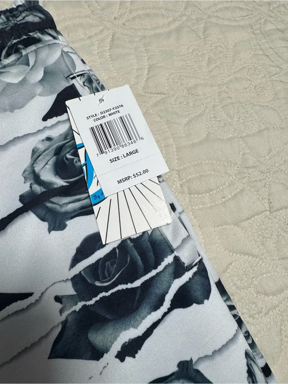 Men's Black & White Rose-Print Swim Board Shorts